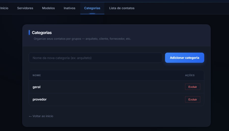 Tela de categorias para segmentação de contatos