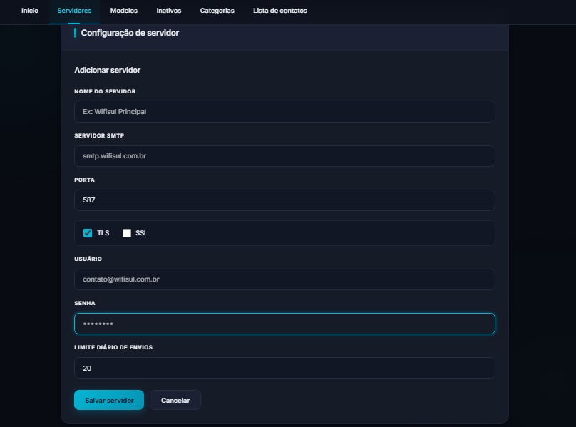 Tela de cadastro e configuração de servidores SMTP